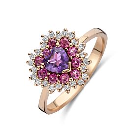 ring hart amethist, rhodoliet en diamant 0.19ct g si